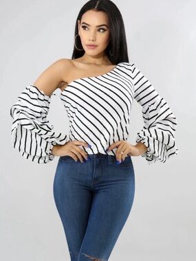 Black White Striped One Shoulder Ruffle Long Sleeve Knit Pullover Blouse L